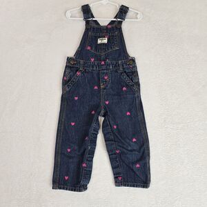 OshKosh B'gosh Overalls Girls 24M Denim Pink Hearts Adjustable Straps Toddler
